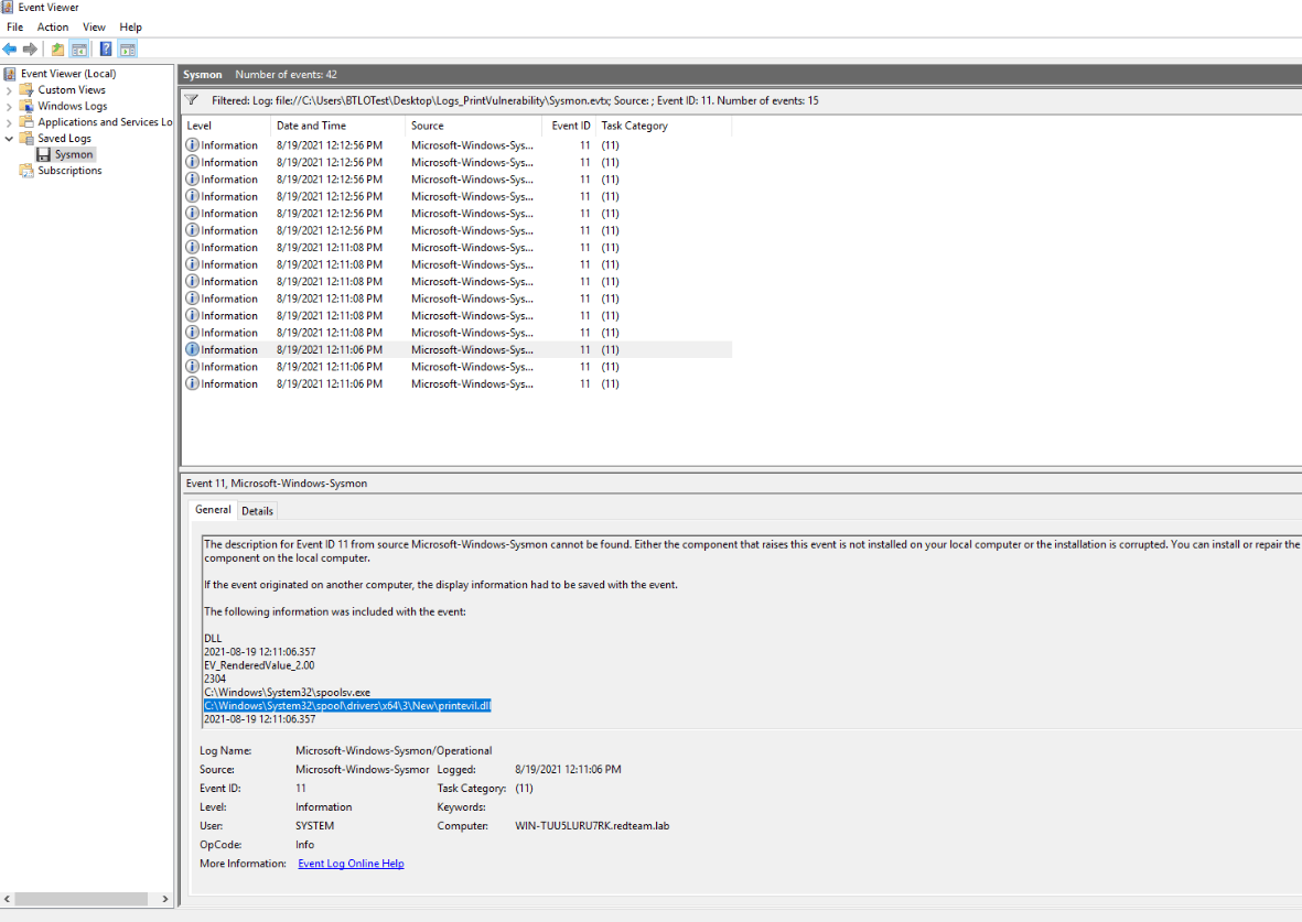 Sysmon event 11 showing the DLL created under the spooler driver path by spoolsv.exe