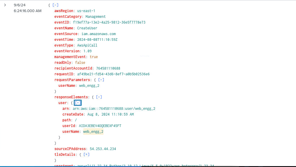 CreateUser event expanded, showing the new identity