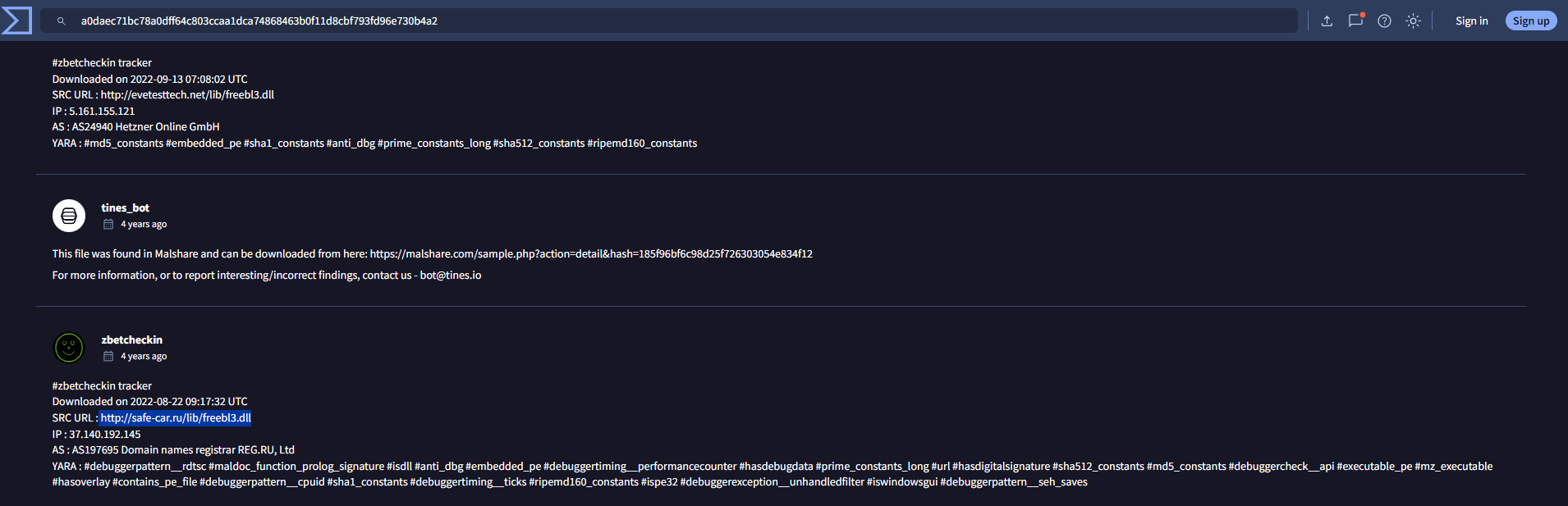 Threatbook tracker comments on the hash, the safe-car.ru source URL selected