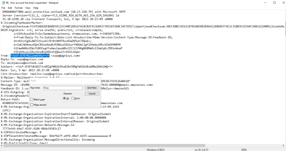 Email source in Notepad, searching for the From header