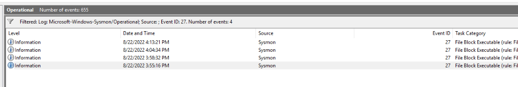 Sysmon Operational log filtered to Event ID 27, four File Block Executable events listed