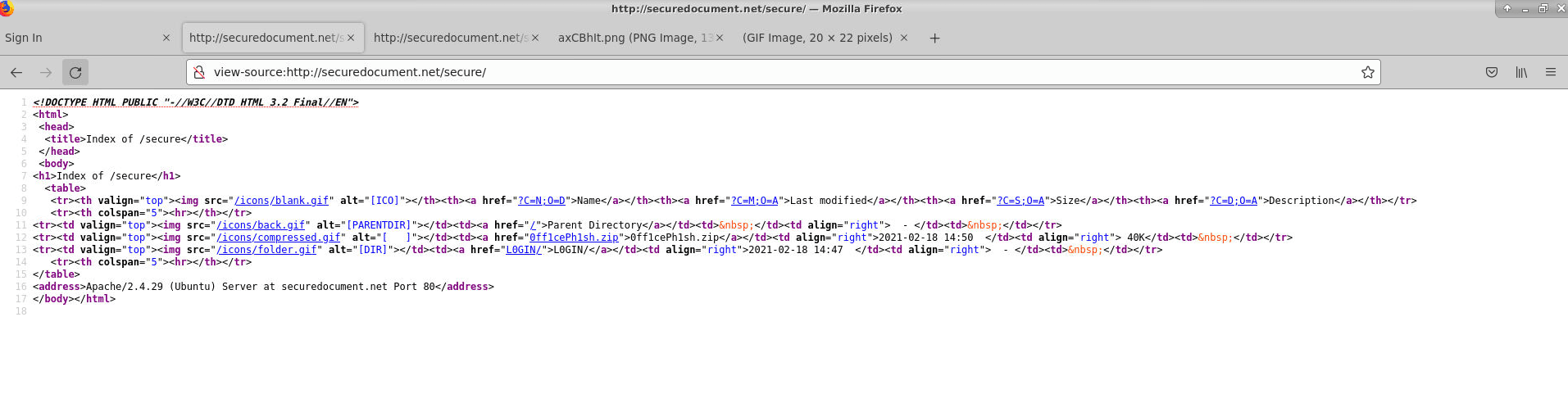 Directory listing of /secure/: 0ff1cePh1sh.zip left on the server