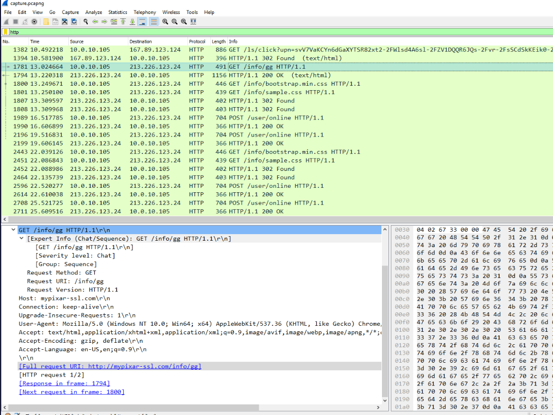 Wireshark, the HTTP GET that lands on mypixar-ssl.com
