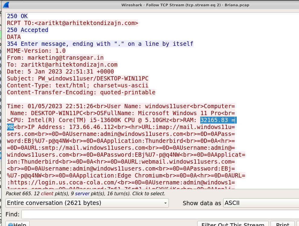 The stream with the RAM line selected: 32165.83 MB