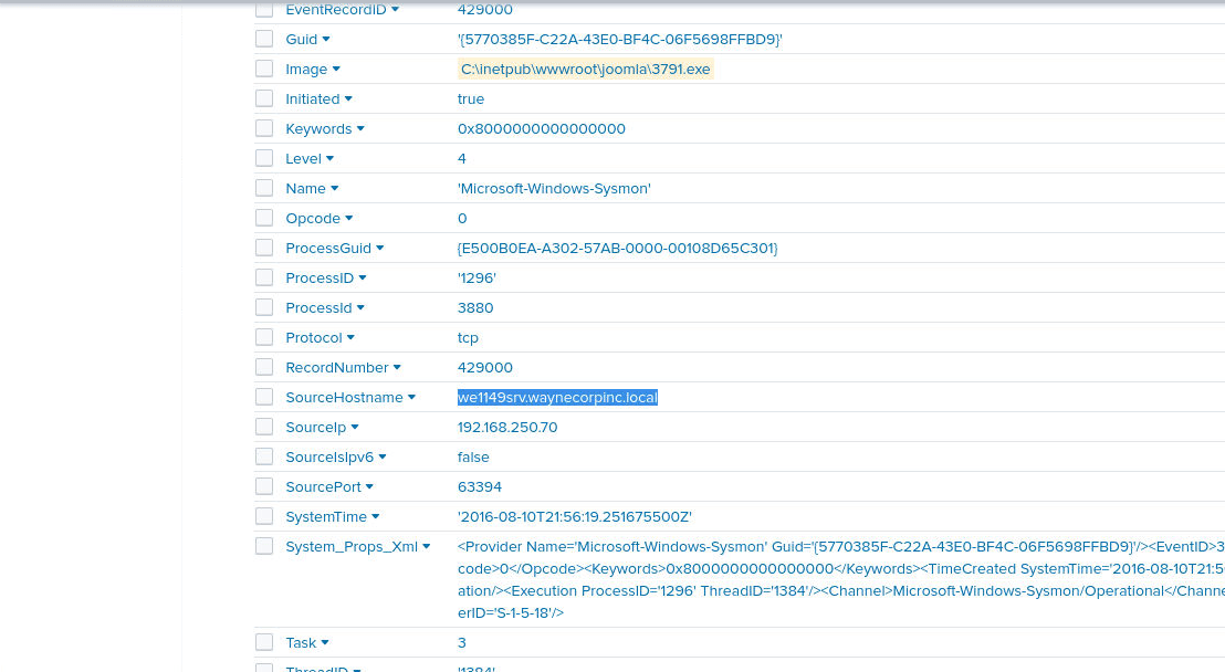The expanded event, showing SourceHostname and SourceIp
