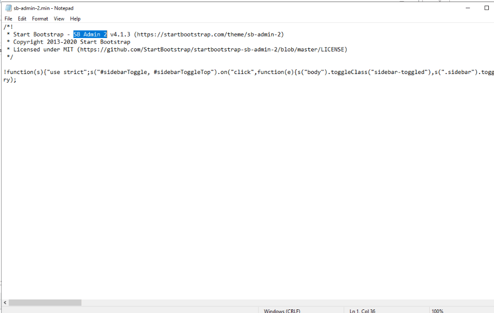 sb-admin-2.min in Notepad, the "SB Admin 2" template header selected