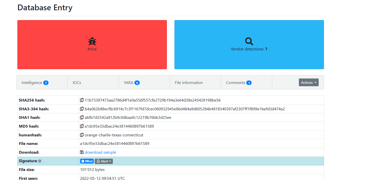MalwareBazaar database entry: signature Mirai, 7 vendor detections, 6 YARA rules