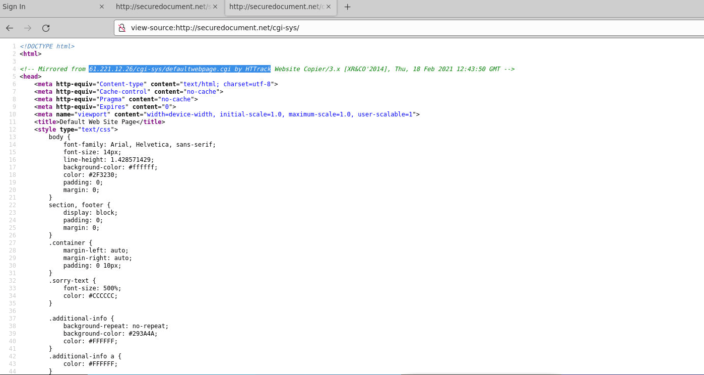 Source of securedocument.net/cgi-sys/: the "Mirrored from" comment names the source IP and HTTrack