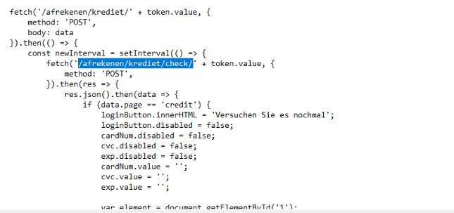 credit.js in Notepad, the POST path /afrekenen/krediet/check/ selected