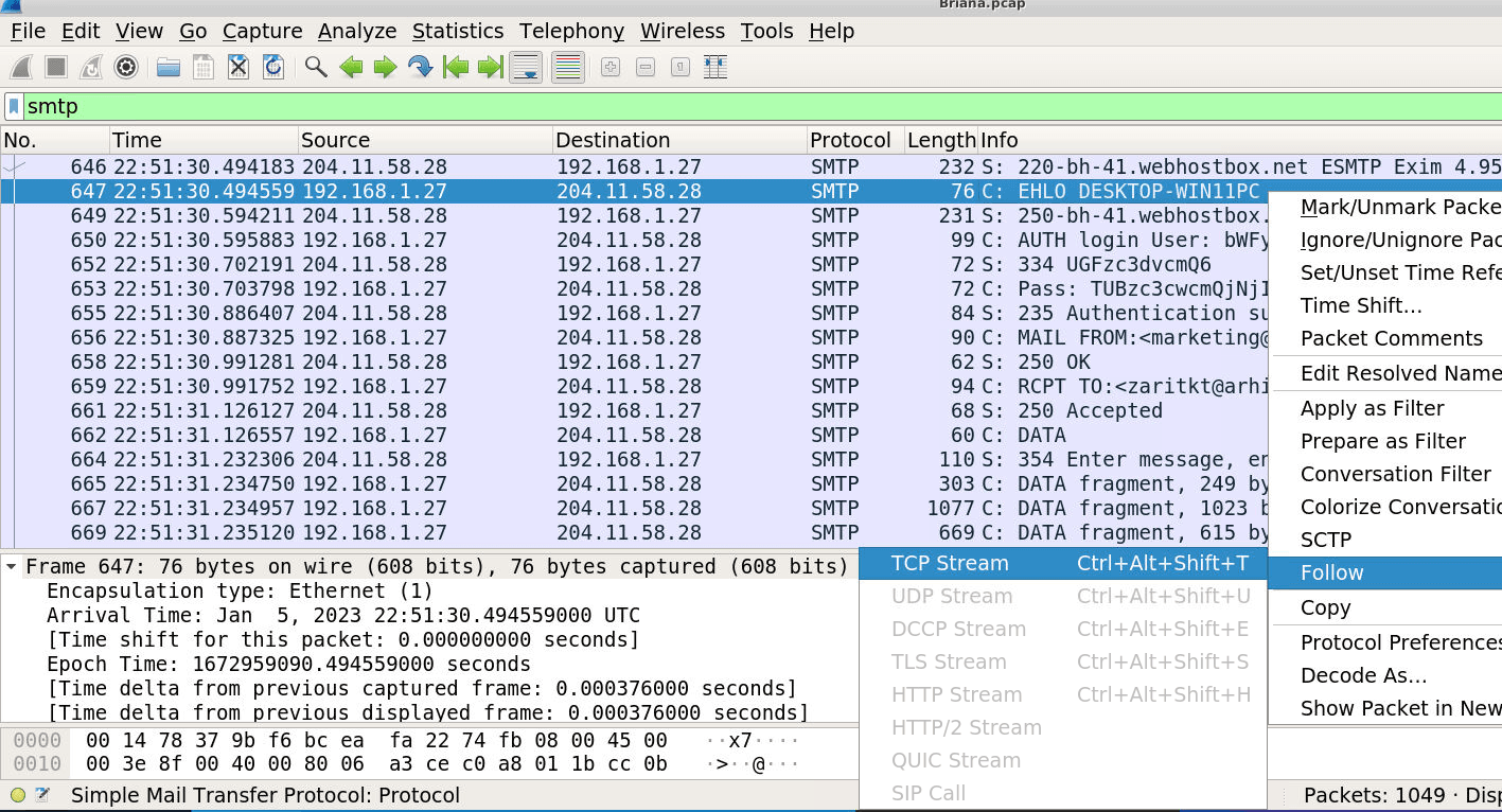 The smtp filter, the EHLO packet selected, Follow TCP Stream about to open the conversation