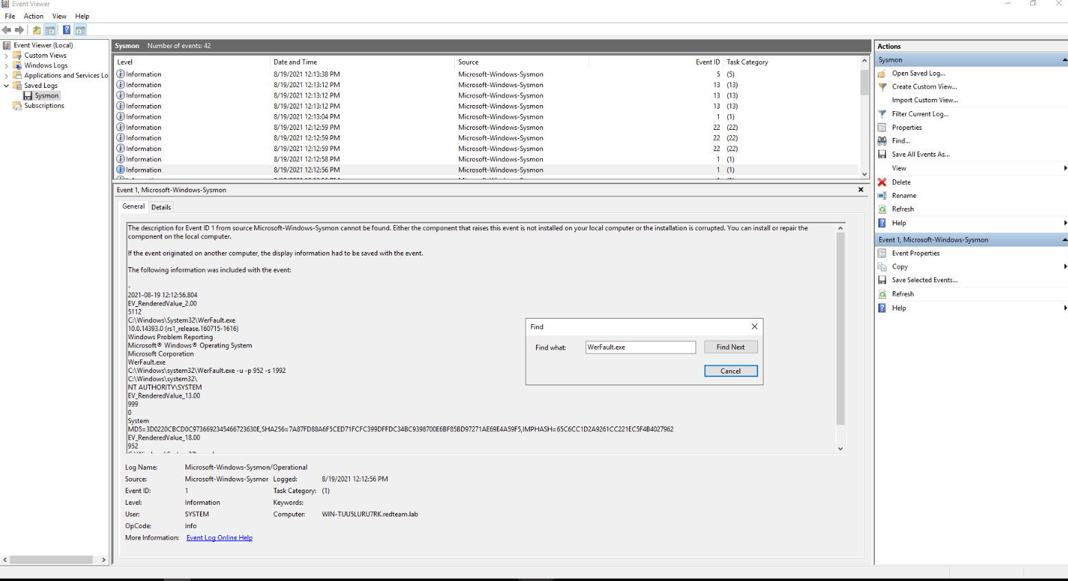 Sysmon event 1 for WerFault.exe, located with the Event Viewer Find dialog