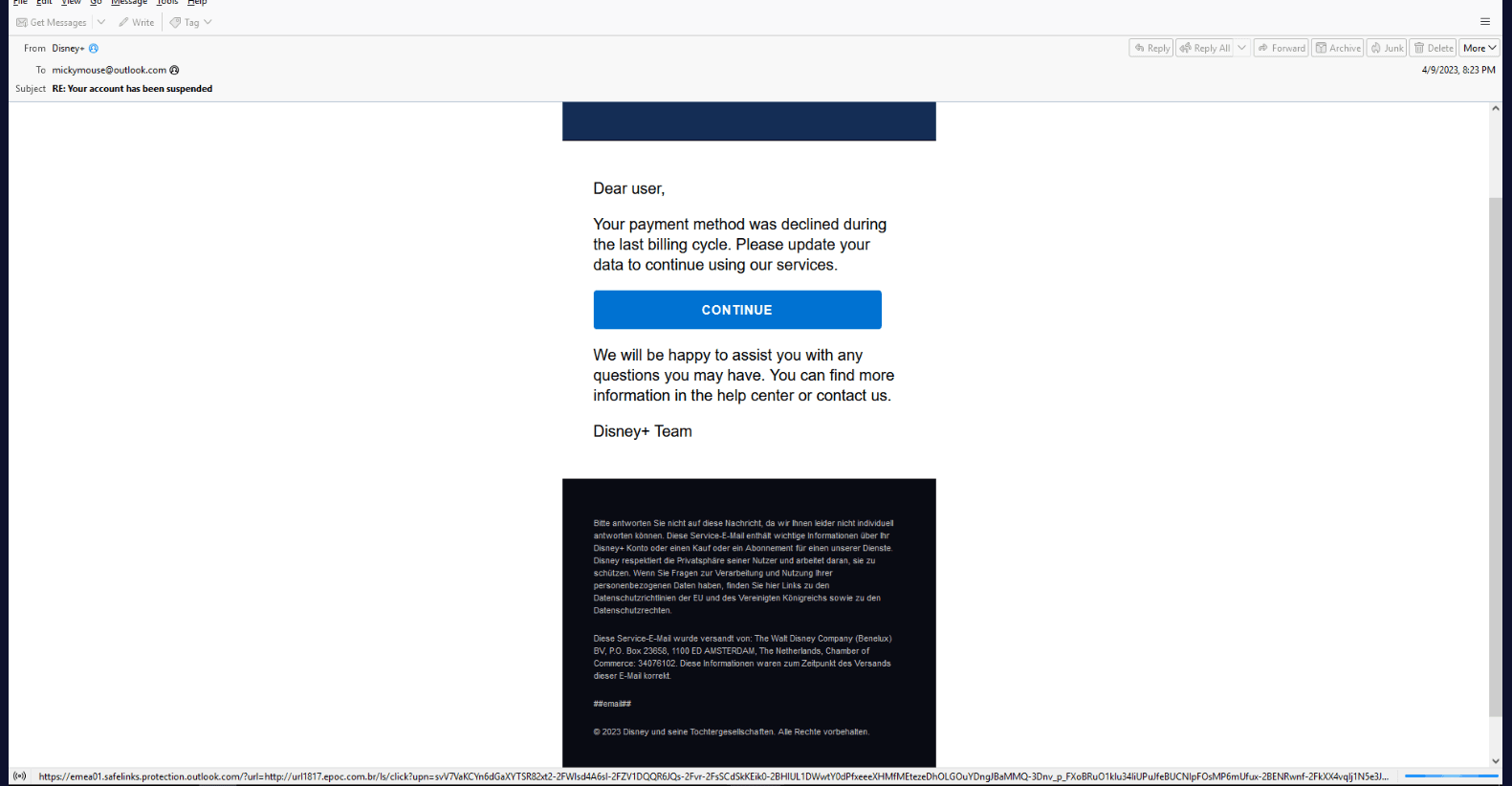 Decoded email HTML in Notepad, the safelinks URL leading to the button target marked