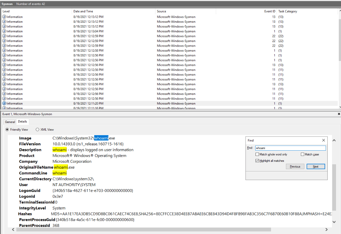 Sysmon event 1 for whoami.exe showing User: NT AUTHORITY\\SYSTEM