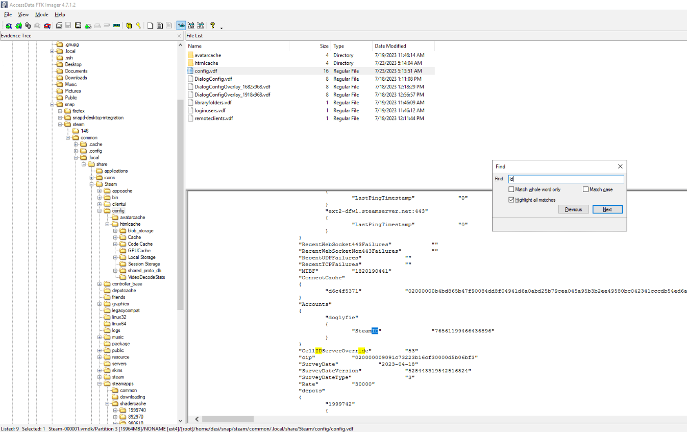 Searching inside config.vdf for the account ID