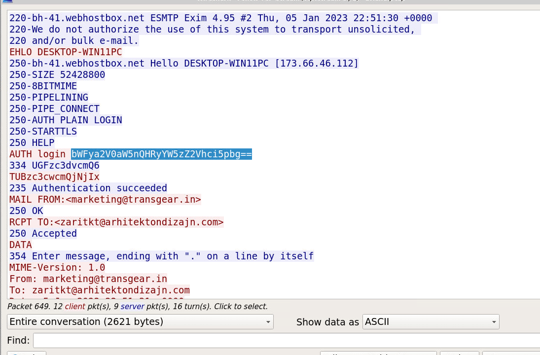 The AUTH LOGIN line with the base64 username selected