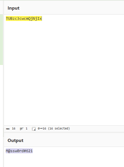 CyberChef: TUBzc3cwcmQjNjIx decodes to M@ssw0rd#621