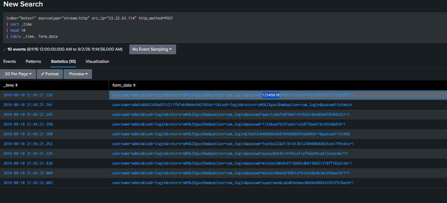 First POSTs from 23.22.63.114 with form_data username=admin&passwd=12345678 at 2016-08-10 21:45:21
