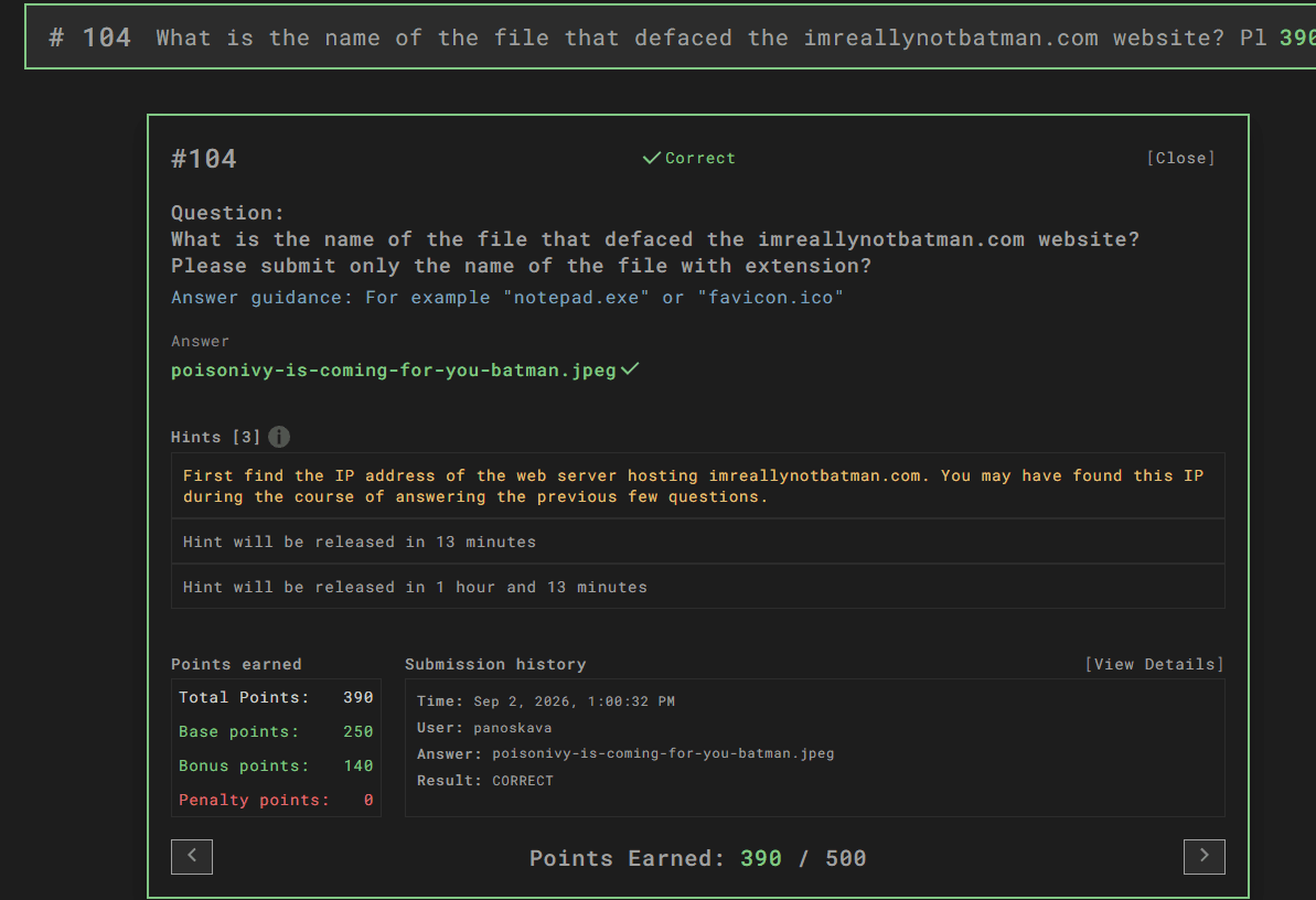 Field view of the defacement request: src_ip 192.168.250.70, dest 23.22.63.114:1337, GET /poisonivy-is-coming-for-you-batman.jpeg, timestamp 2016-08-10T22:13:46.853458Z