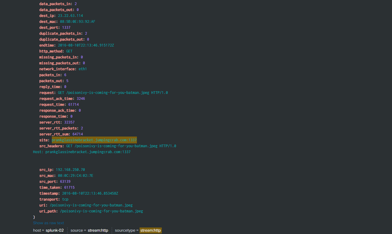 Field view of the defacement event: site prankglassinebracket.jumpingcrab.com:1337, Host header matching, src_ip 192.168.250.70