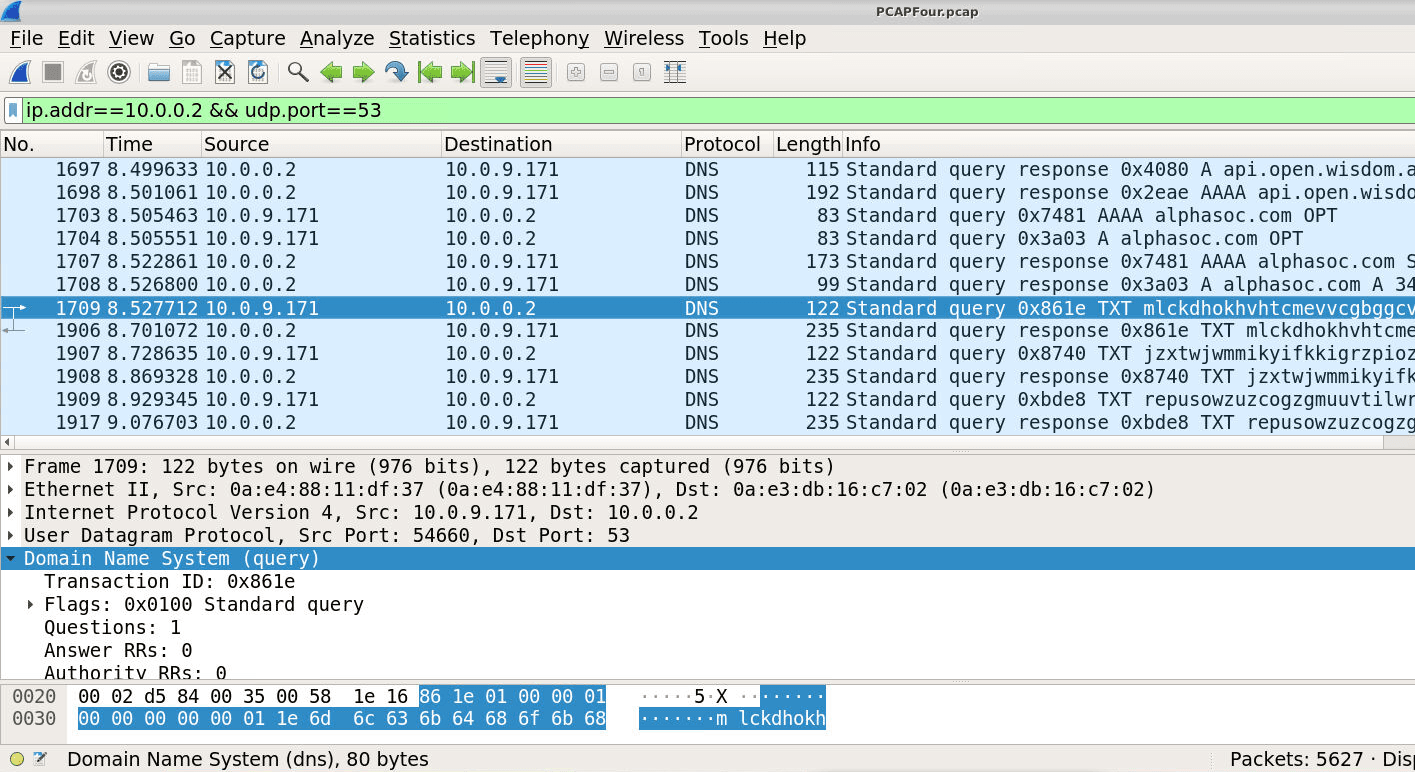 PCAPFour.pcap, seconds since beginning of capture: frame 1709, the first TXT query, at 8.527712