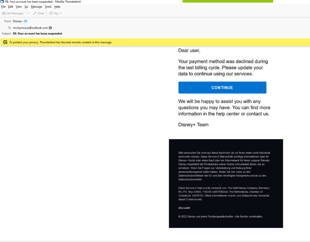 Email body in Thunderbird, the footer text is in German