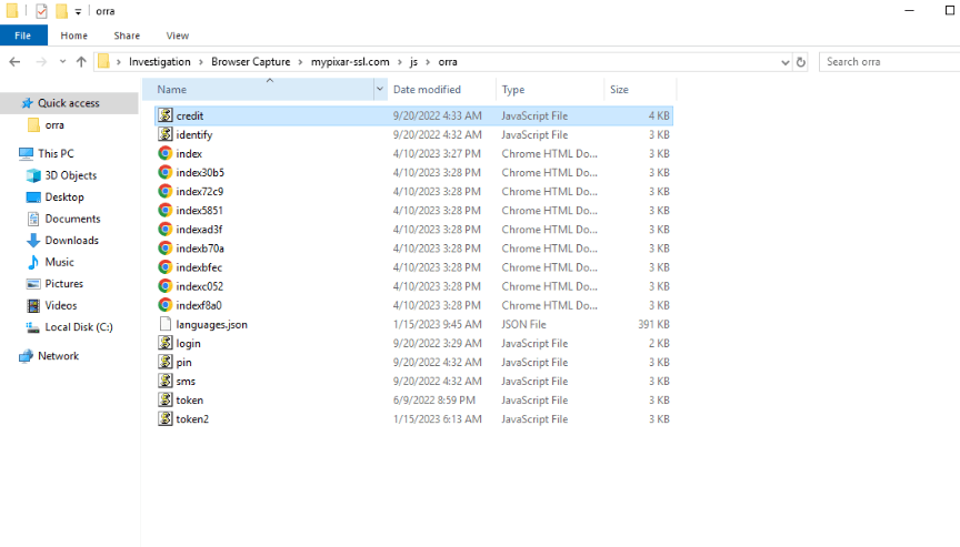 The orra folder in File Explorer, credit.js selected
