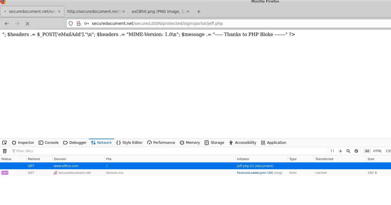 Dev tools network tab: GET www.office.com, initiated by jeff.php