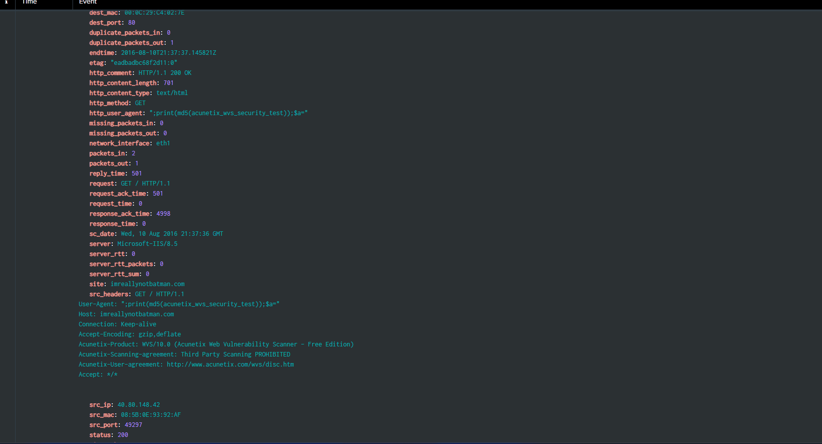 Event detail showing src_headers with User-Agent Acunetix Web Vulnerability Scanner 7.0 and the X-Scan headers