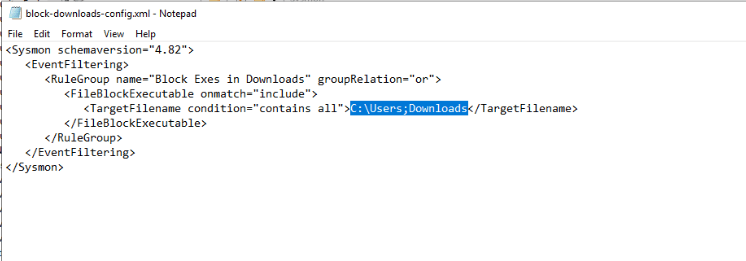 block-downloads-config.xml open in Notepad with the Downloads rule selected