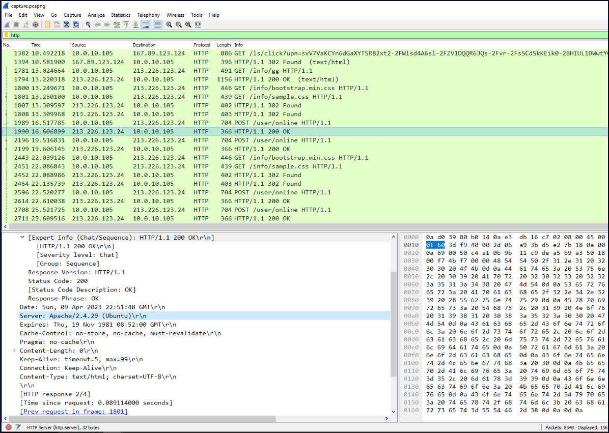 Wireshark, the Server header on a 200 response