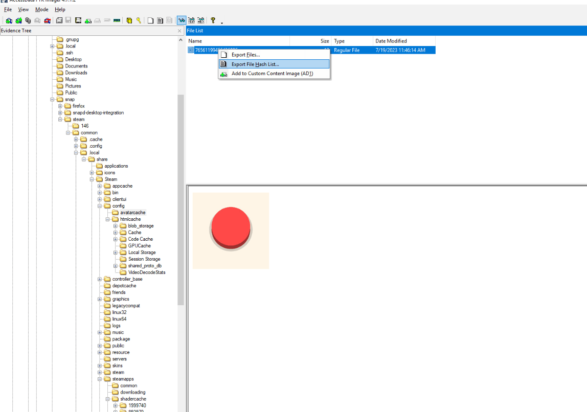 Exporting the avatar's file hash list from FTK Imager
