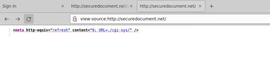 Root of securedocument.net: a meta refresh redirecting to /cgi-sys/