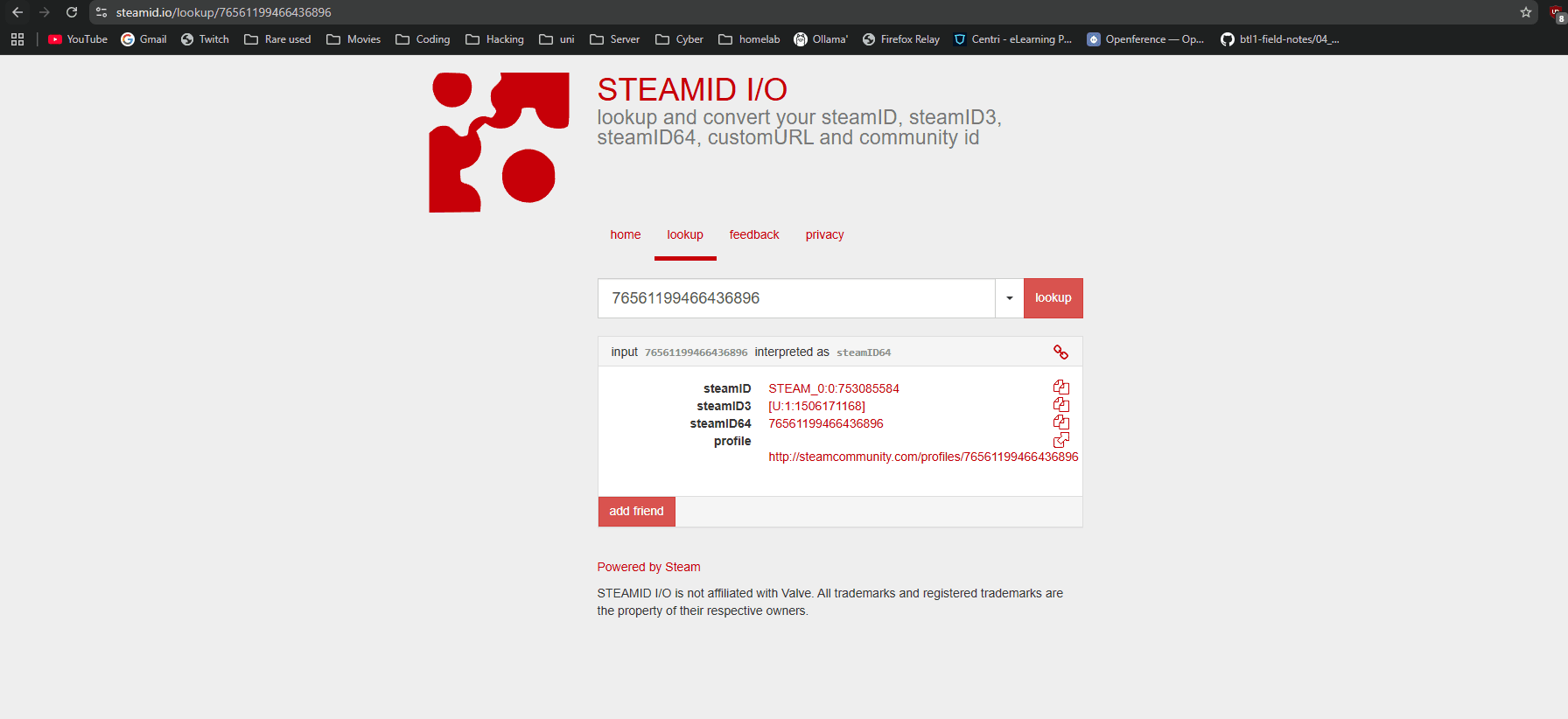The profile page with the location and previous aliases