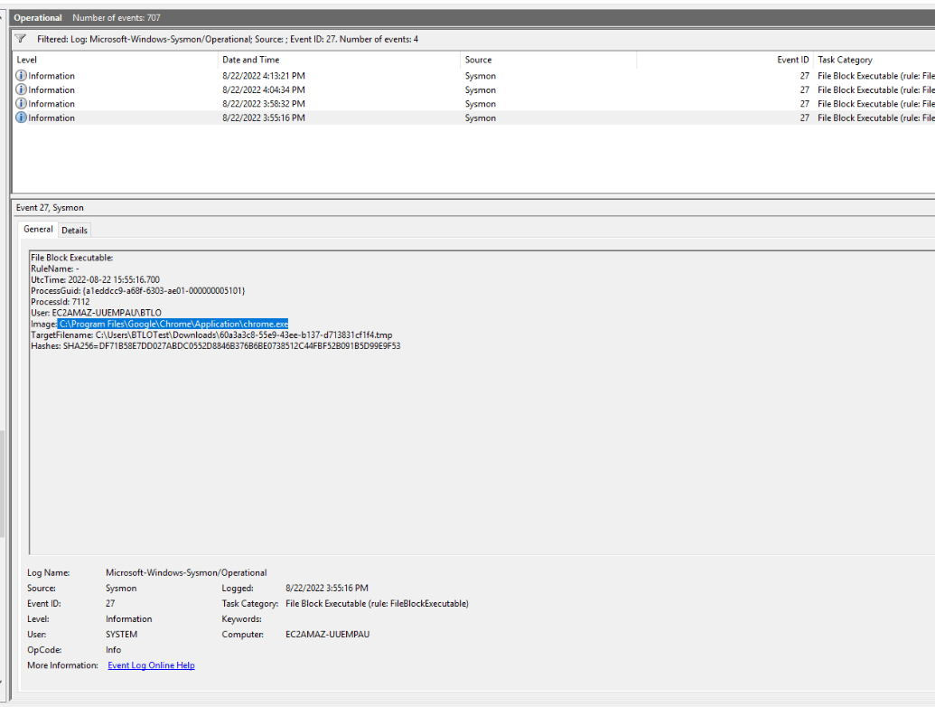 First Event ID 27 detail: chrome.exe as Image, the blocked .tmp TargetFilename, and the SHA256 highlighted