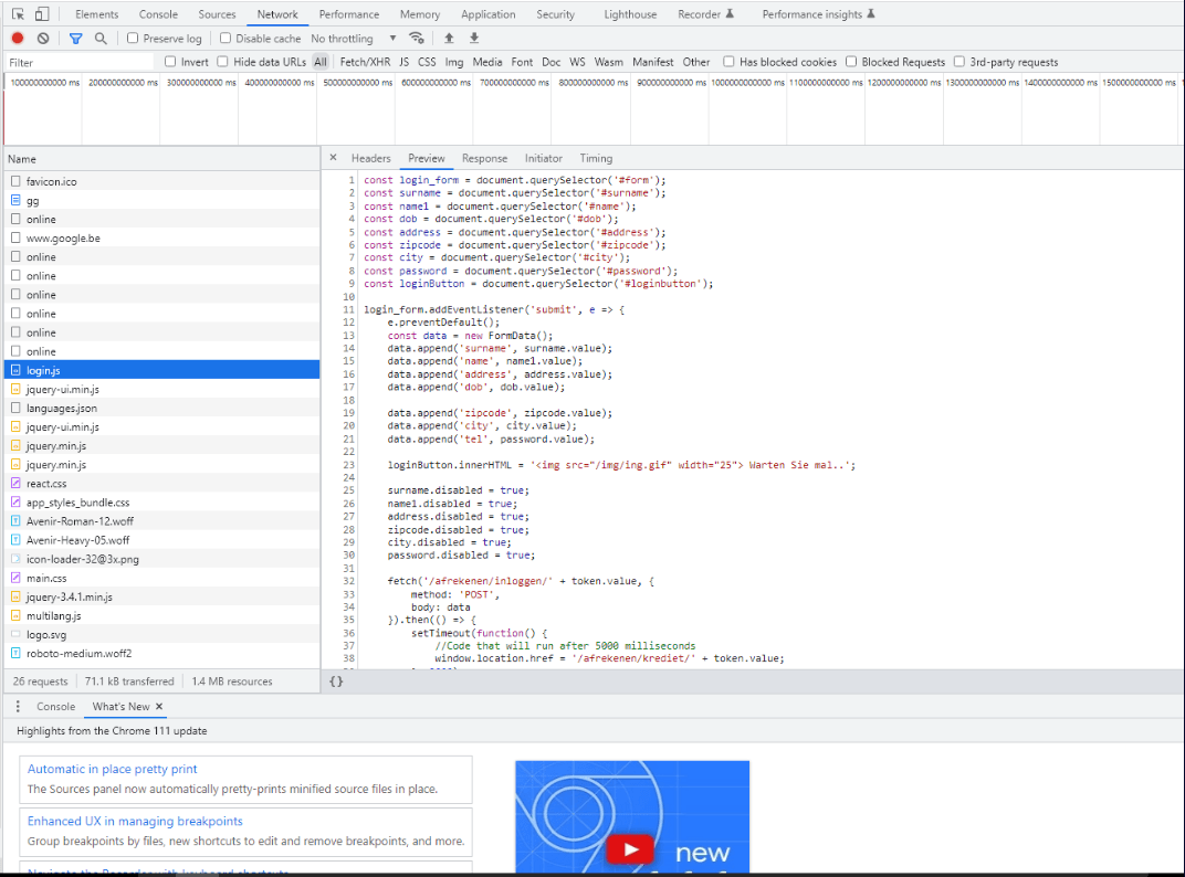 The login.js request in DevTools