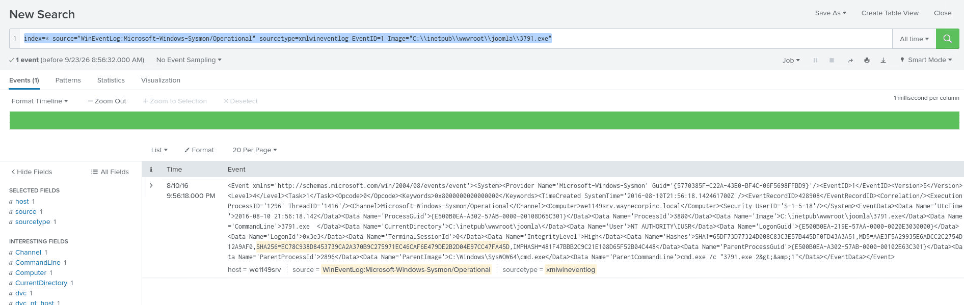 The single EventID 1 match for 3791.exe, with its Hashes field