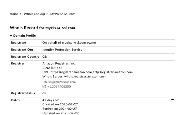 WHOIS record for mypixar-ssl.com, 41 days old, created 2023-02-27