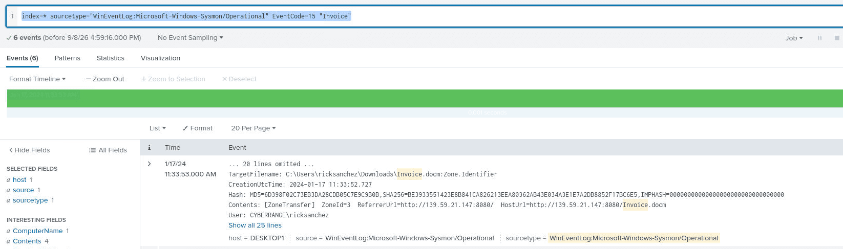 EventCode=15 search for Invoice: the Zone.Identifier event with its Contents field