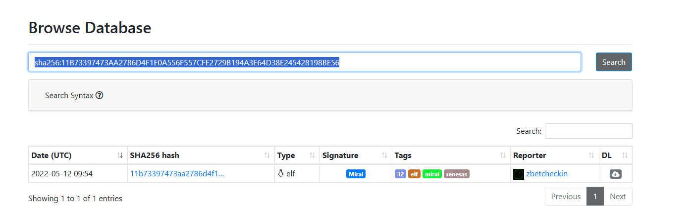 MalwareBazaar search for sha256:11B733...: one result, elf, Signature Mirai