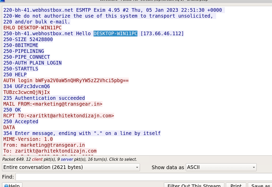 The SMTP stream: EHLO DESKTOP-WIN11PC and the base64 AUTH LOGIN exchange