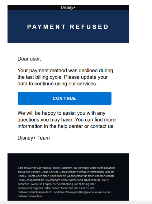 Phishing email in Thunderbird, From "Disney+" with the display name flagged as forged