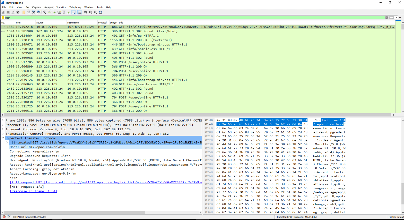Wireshark with filter http, the first GET goes to url1817.epoc.com.br