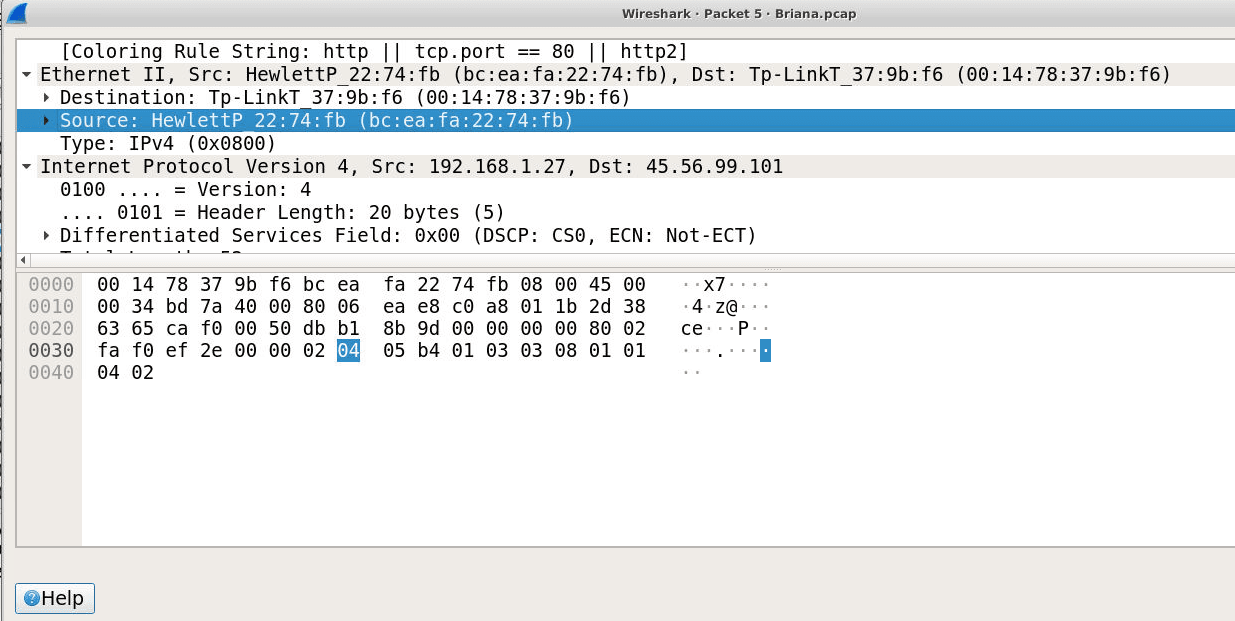 Packet 5 detail: Ethernet source HewlettP_22:74:fb (bc\:ea\:fa:22:74:fb), IP 192.168.1.27 to 45.56.99.101