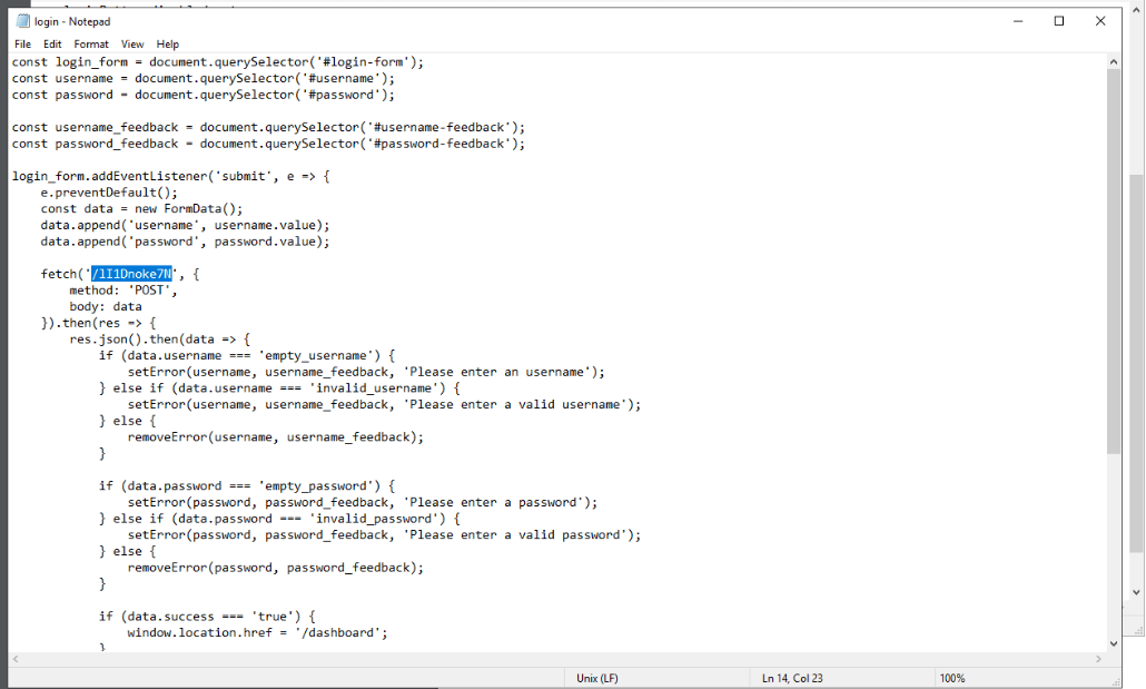 login.js in Notepad, the hidden page /lI1Dnoke7N selected