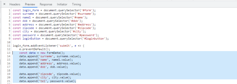 login.js source, the FormData fields