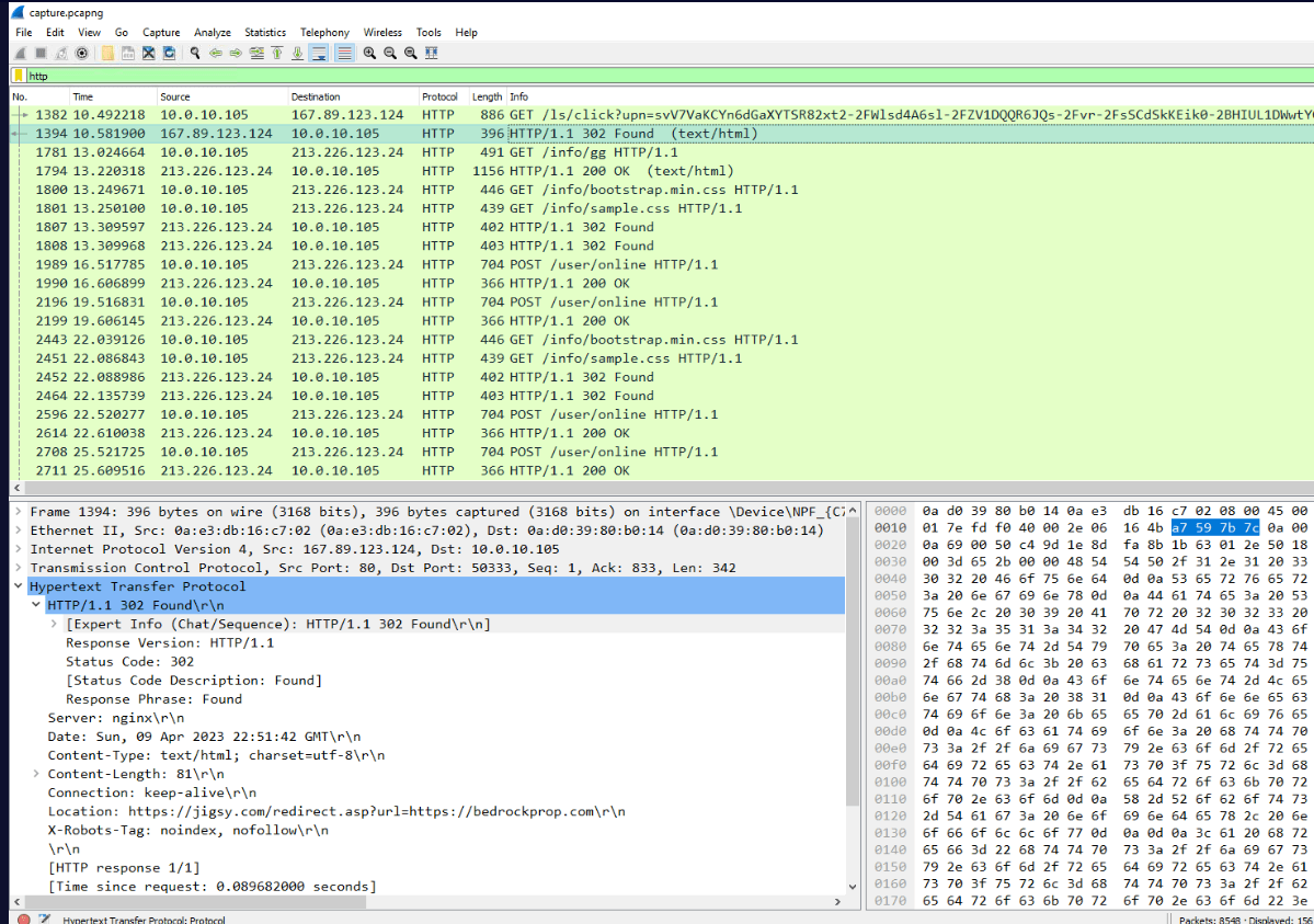 Wireshark, the HTTP 302 response sitting directly under the GET